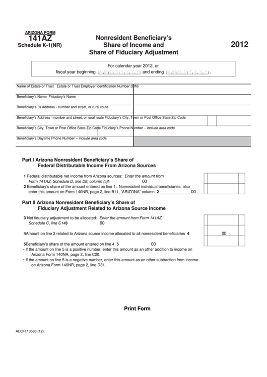 Fillable Arizona Form 141az Schedule K-1(Nr) - Nonresident Beneficiary