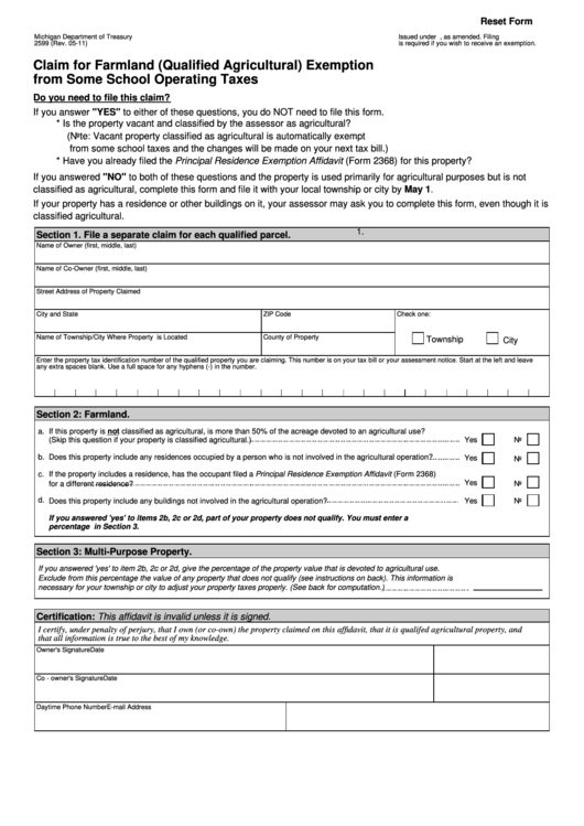 Fillable Form 2599 - Claim For Farmland (Qualified Agricultural) Exemption From Some School Operating Taxes Printable pdf