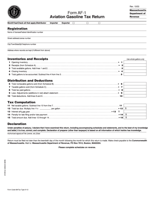 Fillable Form Af-1 - Aviation Gasoline Tax Return Printable pdf