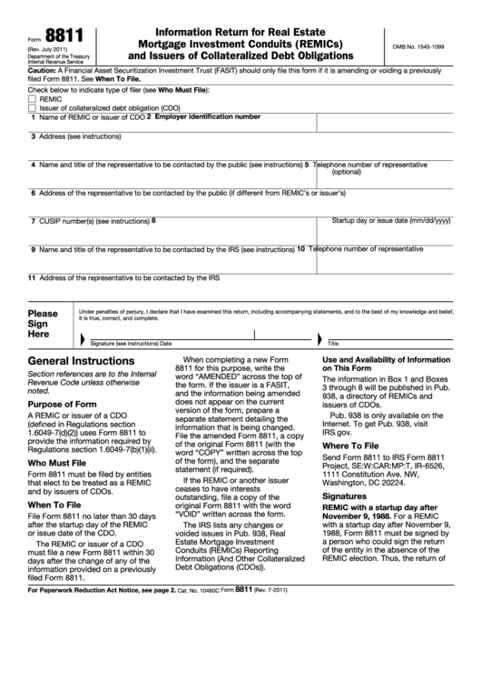 Fillable Form 8811 - Information Return For Real Estate Mortgage Investment Conduits (Remics) And Issuers Of Collateralized Debt Obligations Printable pdf