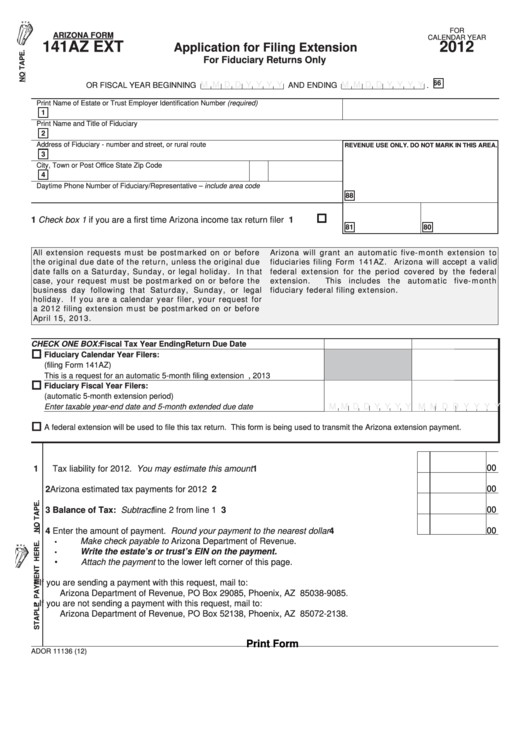 Fillable Arizona Form 141az Ext - Application For Filing Extension For Fiduciary Returns Only - 2012 Printable pdf