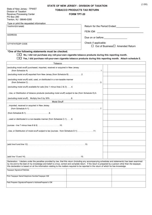 Fillable Form Tpt-20 - Tobacco Products Tax Return Printable pdf