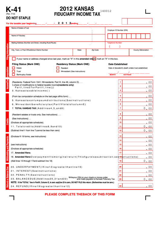 Fillable Form K-41 - Kansas Fiduciary Income Tax - 2012 Printable pdf