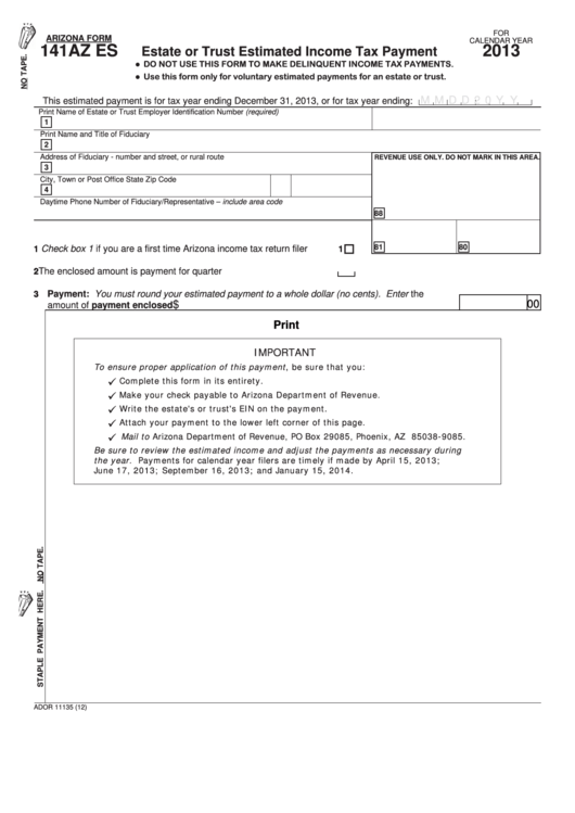 Fillable Arizona Form 141az Es - Estate Or Trust Estimated Income Tax Payment - 2013 Printable pdf