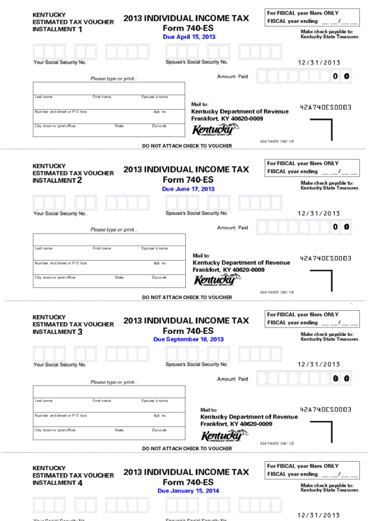 Fillable Form 740Es Individual Tax Kentucky Estimated Tax