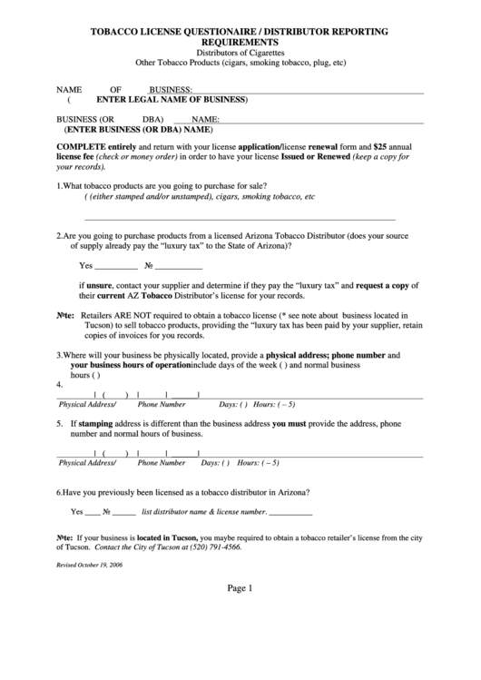 Tobacco License Questionaire / Distributor Reporting Requirements Printable pdf
