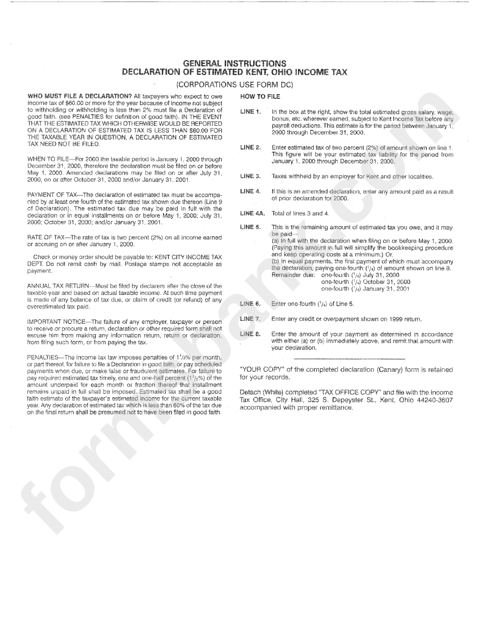 General Instructions Declaration Of Estimated Kent, Ohio Tax