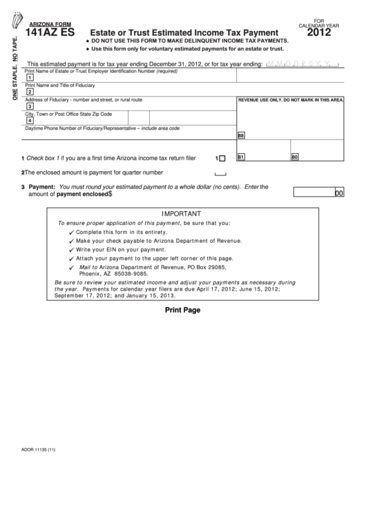 Fillable Arizona Form 141az Es - Estate Or Trust Estimated Income Tax Payment - 2012 Printable pdf