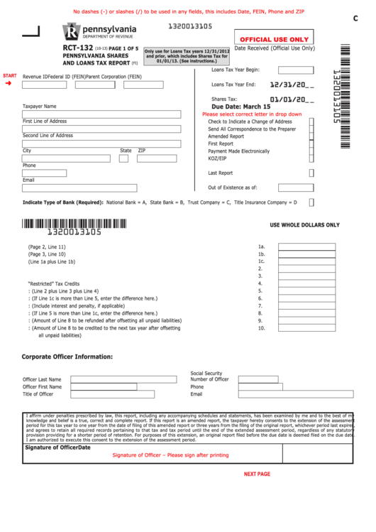 Fillable Form Rct-132 - Pennsylvania Shares And Loans Tax Report Printable pdf