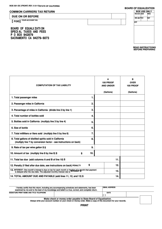 Fillable Form Boe-501-Dc - Common Carriers Tax Return Printable pdf