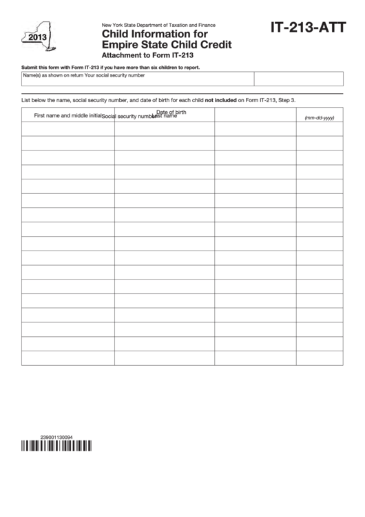 Fillable Form It-213-Att - Child Information For Empire State Child Credit - 2013 Printable pdf
