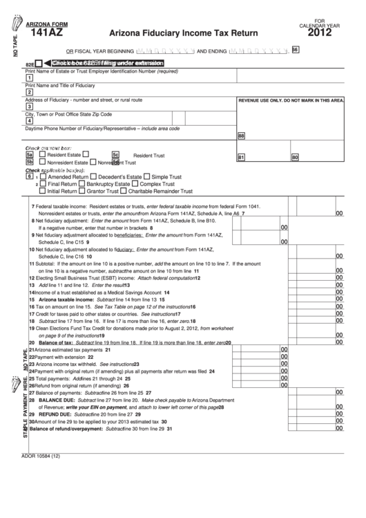Fillable Arizona Form 141az - Arizona Fiduciary Income Tax Return - 2012 Printable pdf