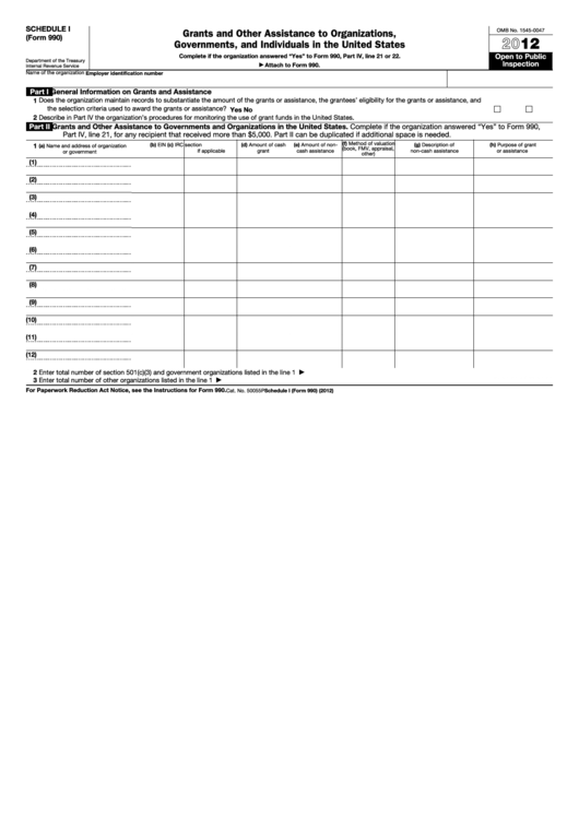 Fillable Schedule I (Form 990) - Grants And Other Assistance To Organizations, Governments, And Individuals In The United States - 2012 Printable pdf