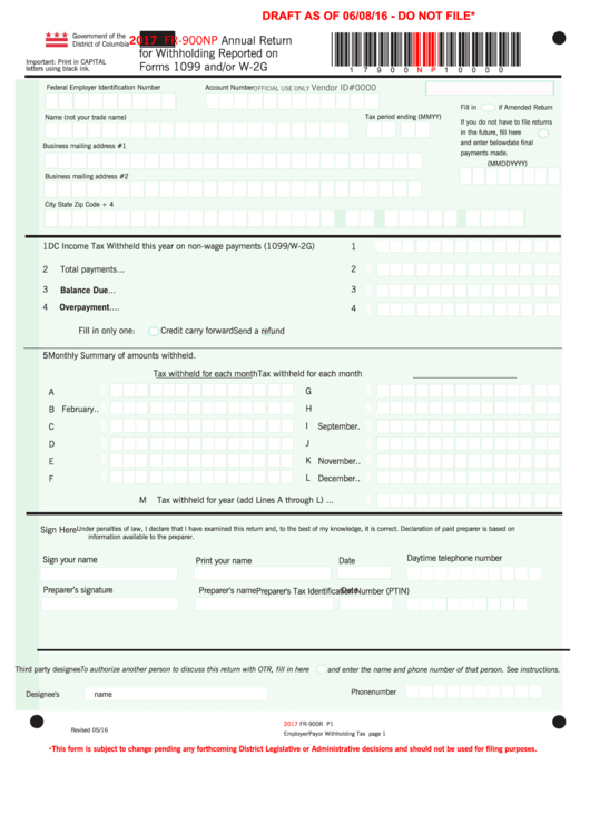 Form Fr-900np Draft - Annual Return For Withholding Reported On Forms 1099 And/or W-2g Printable pdf