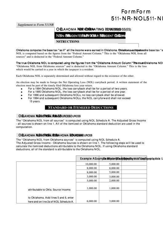 Fillable Form 511-Nr-Nol - Oklahoma Klahoma Net Operating Perating Loss Non-Resident/part-Year Resident Esident Only Printable pdf
