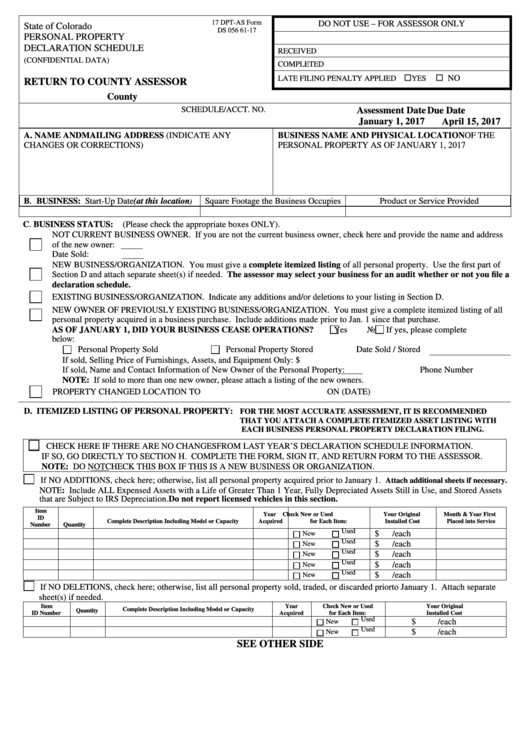 Fillable Form Ds 056 61-17 - Personal Property Declaration Schedule Printable pdf