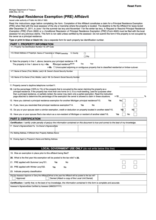 Fillable Form 2368 - Principal Residence Exemption (Pre) Affidavit Printable pdf