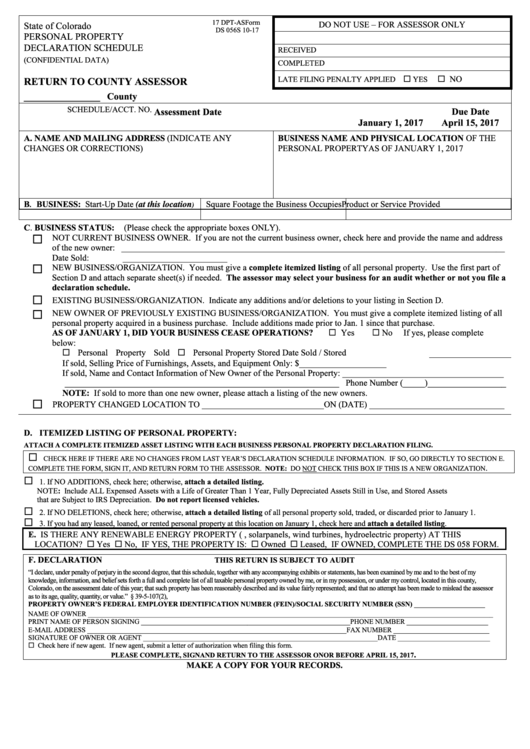 Fillable 17 Dpt-As Form - Personal Property Declaration Schedule Printable pdf