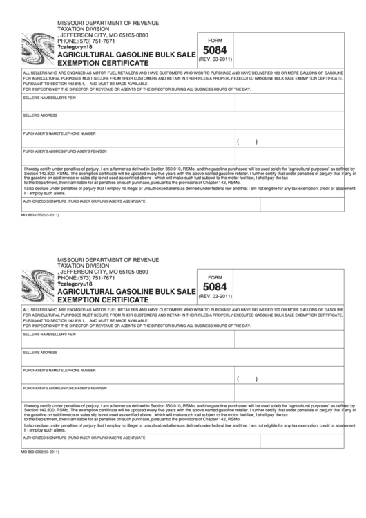 Fillable Form 5084 - Agricultural Gasoline Bulk Sale Exemption Certificate Printable pdf