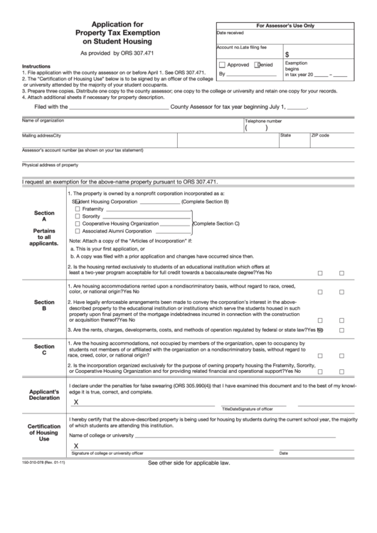 Fillable Form 150-310-078 - Application For Property Tax Exemption On Student Housing Printable pdf