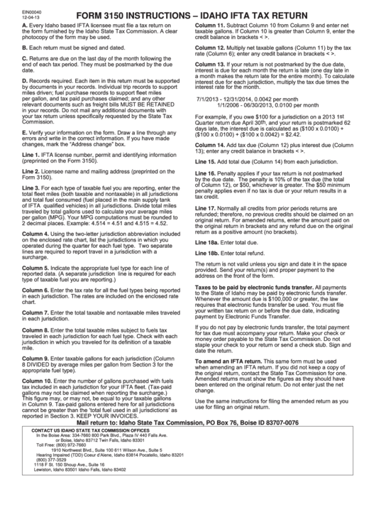 Instructions For Form 3150 - Idaho Ifta Tax Return Printable pdf