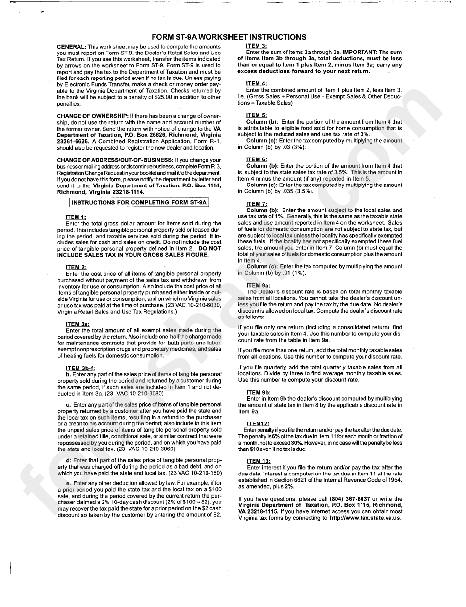 Form St-9a Worksheet Instructions