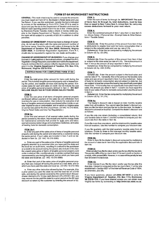 Form St-9a Worksheet Instructions Printable pdf