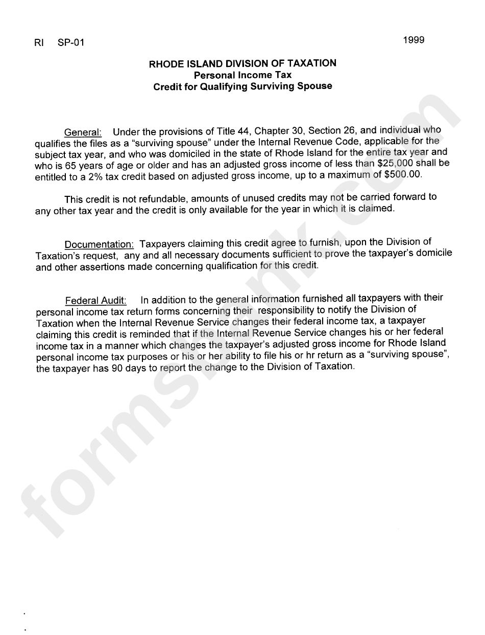 Form Ri Sp-01 - Personal Income Tax Credit For Qualifying Surviving Spouse Instructions - 1999