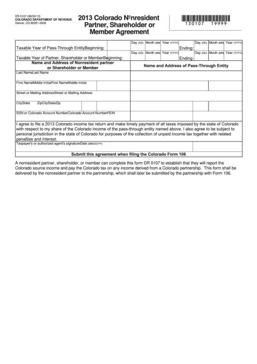 Fillable Form Dr 0107 - Colorado Nonresident Partner, Shareholder Or Member Agreement - 2013 Printable pdf