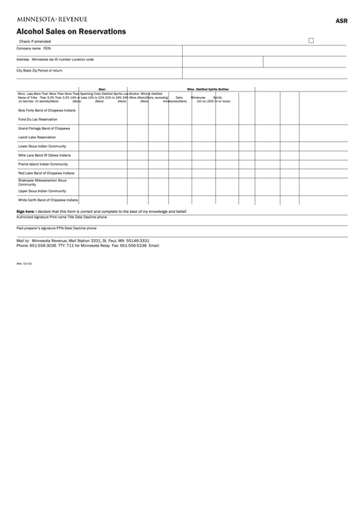 Fillable Form Asr - Alcohol Sales On Reservations Printable pdf