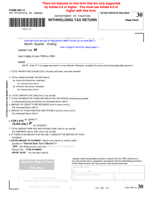Fillable Form Hw-14 - Withholding Tax Return Printable pdf
