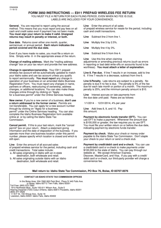 Instructions For Form 3950 - E911 Prepaid Wireless Fee Return Printable pdf