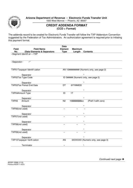 Form Ador 10566 - Credit Addenda Format (Ccd + Format) Printable pdf
