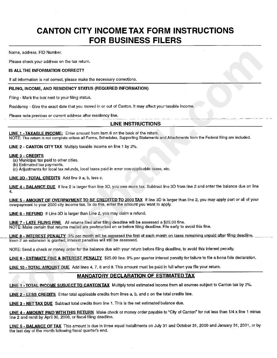 Canton City Tax Form Instructions For Business Filers printable