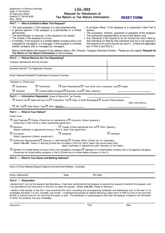 Fillable Form Lgl-002 - Request For Disclosure Of Tax Return Or Tax Return Information Printable pdf