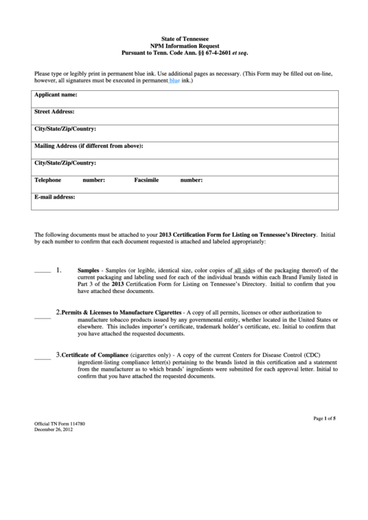 Form 114780 - Npm Information Request Printable pdf