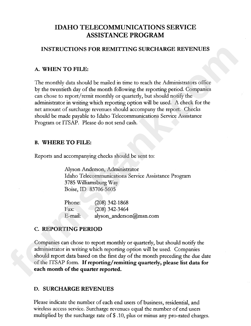 Instructions For Remitting Surcharge Revenues - Idaho Telecommunication Service
