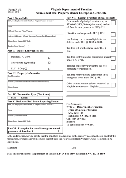 Fillable Form R-5e - Nonresident Real Property Owner Exemption Certificate Printable pdf