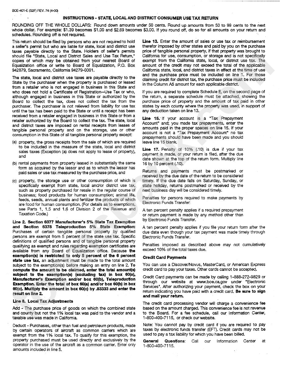 Form Boe-401-E (S2f) - Instructions - State, Local And District Consumer Use Tax Return