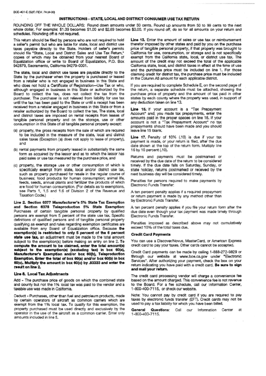 Form Boe-401-E (S2f) - Instructions - State, Local And District Consumer Use Tax Return Printable pdf