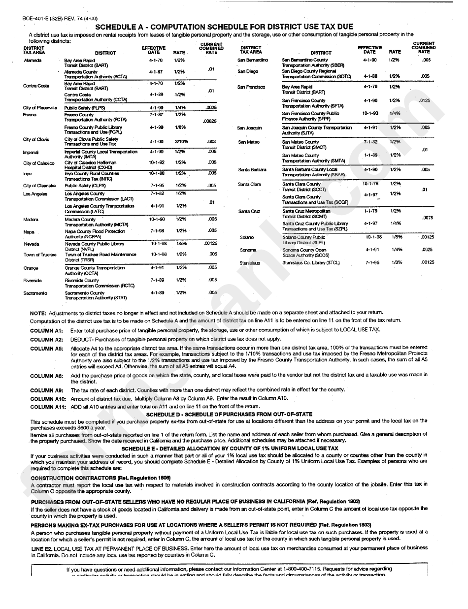 Form Boe-401-E (S2f) - Instructions - State, Local And District Consumer Use Tax Return