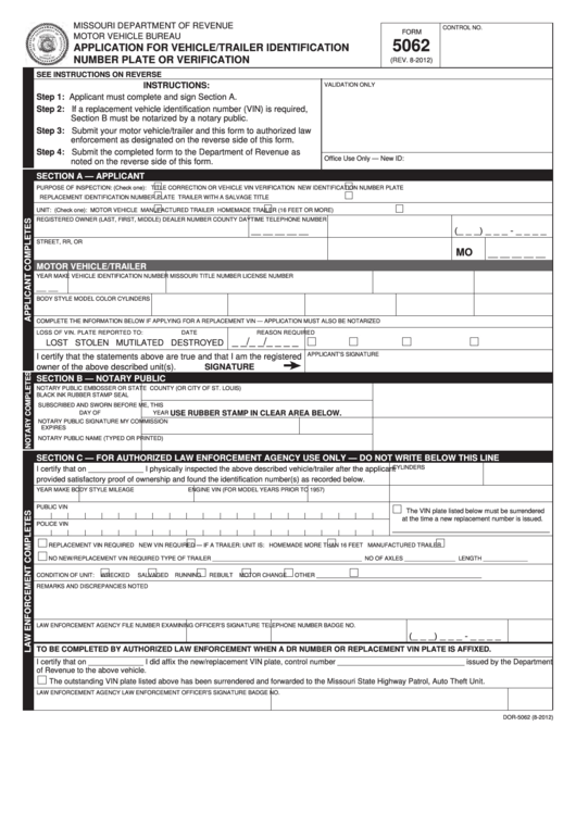 Fillable Form 5062 - Application For Vehicle/trailer Identification Number Plate Or Verification Printable pdf