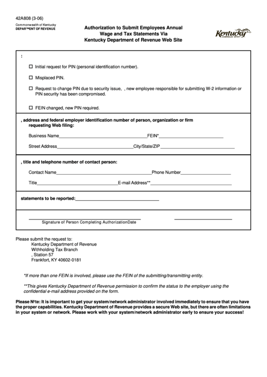 Form 42a808 - Authorization To Submit Employees Annual Wage And Tax Statements Via Kentucky Department Of Revenue Web Site Printable pdf