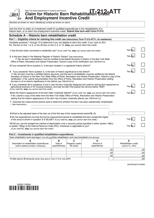 Fillable Form It-212-Att - Claim For Historic Barn Rehabilitation Credit And Employment Incentive Credit - 2013 Printable pdf
