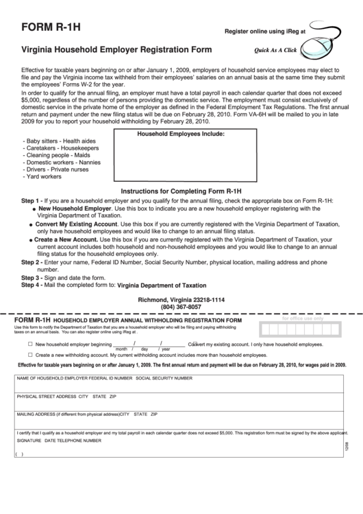 Fillable Form R-1h - Virginia Household Employer Registration Form Printable pdf