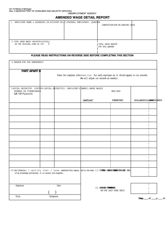 Form Ua 1019 - Amended Wage Detail Report - 1998 Printable pdf