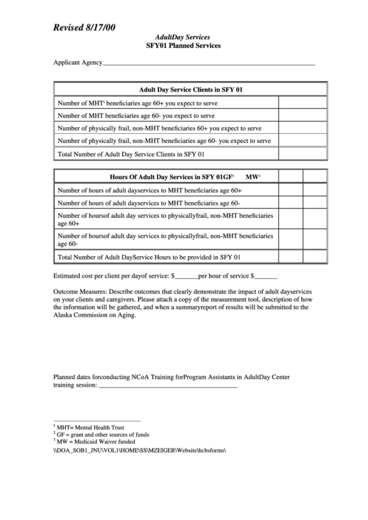 Form Sfy01 - Adult Day Services - Planned Services Printable pdf
