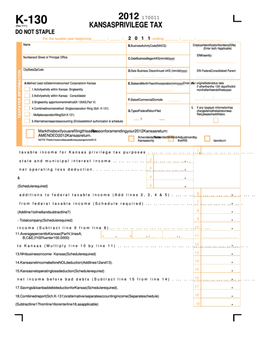 Form K-130 - Kansas Privilege Tax - 2012 Printable pdf