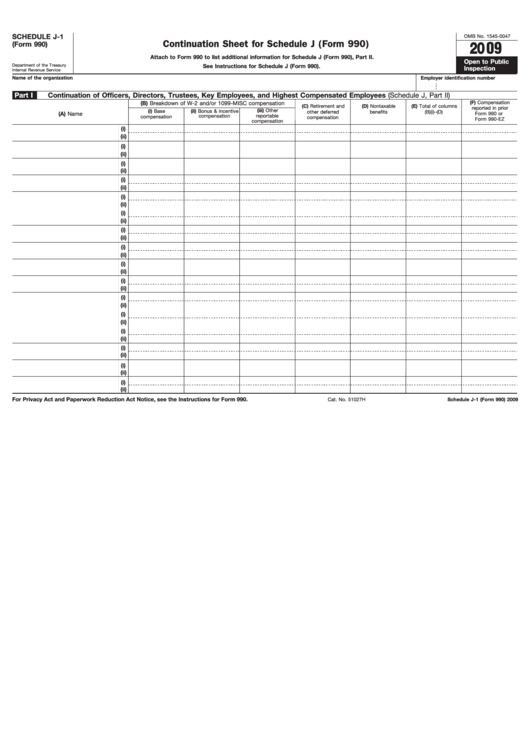 Fillable Schedule J-1 (Form 990) - Continuation Sheet For Schedule J (Form 990) - 2009 Printable pdf