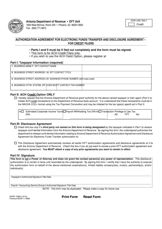 Fillable Form Ador 10366 - Authorization Agreement For Electronic Funds Transfer And Disclosure Agreement - For Credits Filers Printable pdf